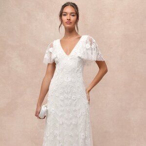 Safiya White Sequin Flutter Sleeve Maxi Dress